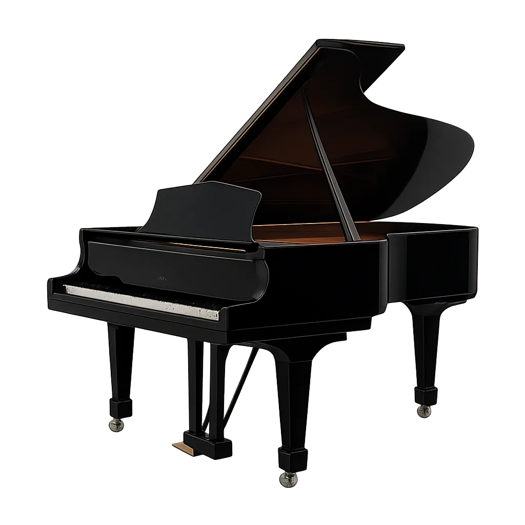 Piano de cola negro con la tapa abierta. Ideal para clases de piano.